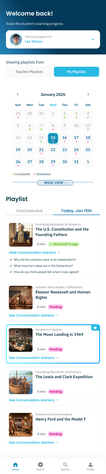 Caregiver app showing conversation starters for a Riplet